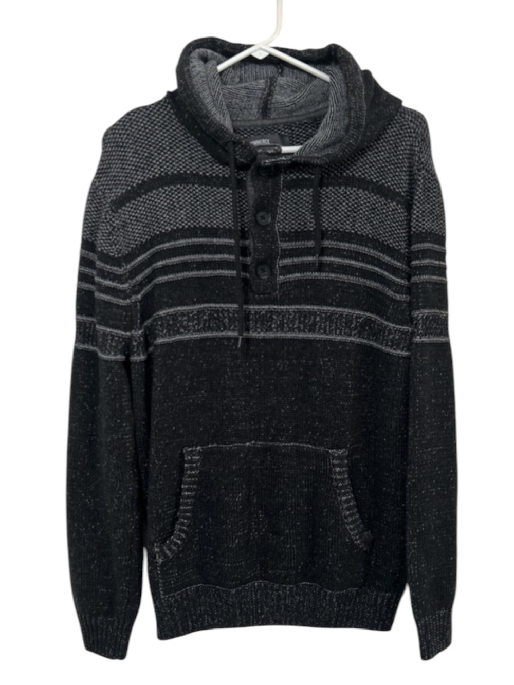 Commerce Mens Large Black Charcoal Striped Knit Button Hoodie Sweater Pullover
